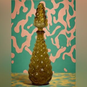 Mid-Century Modern Vintage Large 1960s Italian Empoli Amber Bubble Genie Bottle
